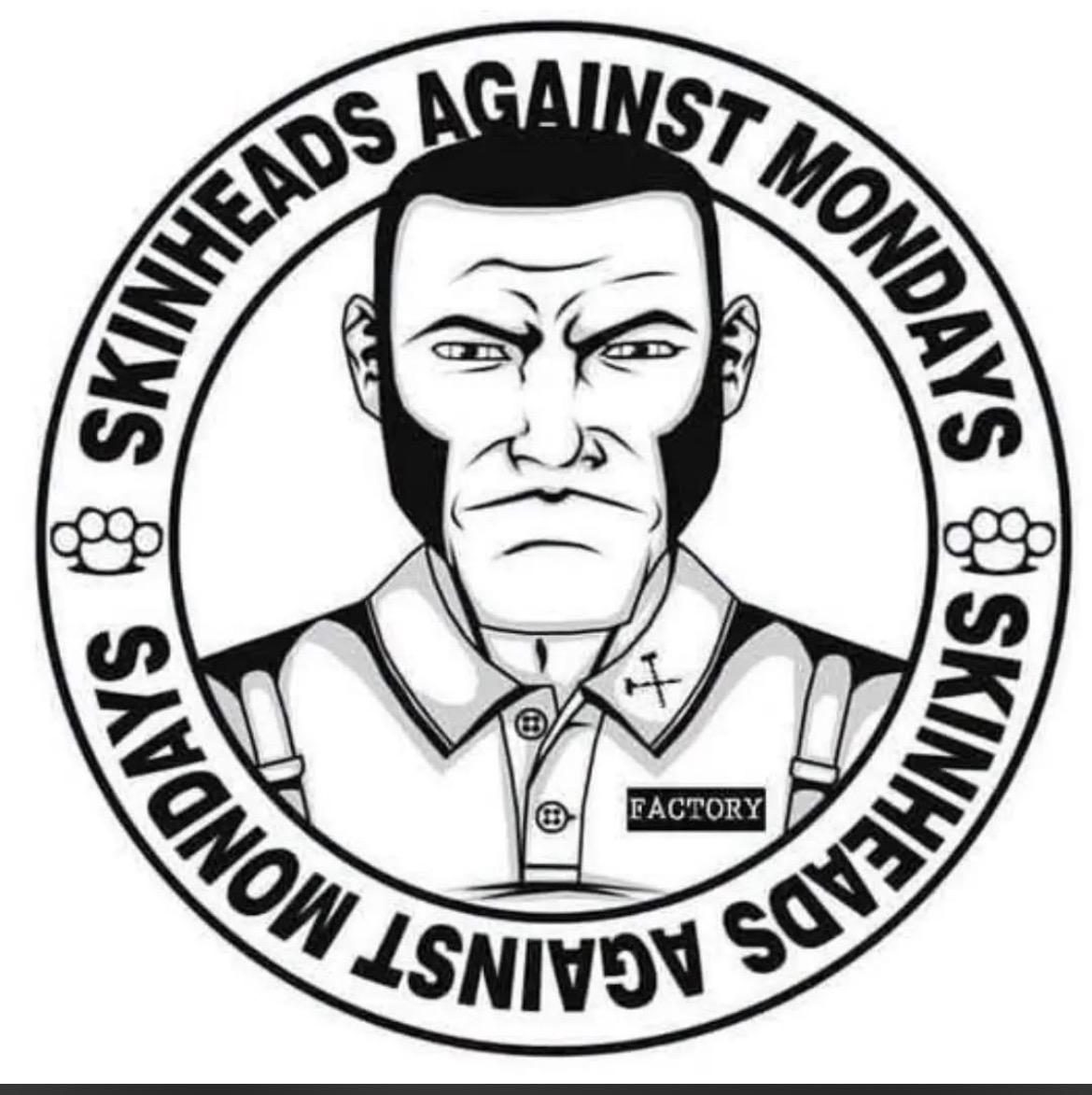 a drawing of a skinhead in a circle. on the border of the circle is text that reads skinheads against mondays